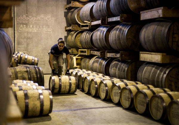 Barriles de whisky descansando en almacenamiento