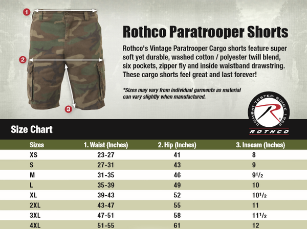 Paratrooper Shorts Size Chart