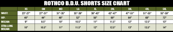 BDU Shorts Size Chart
