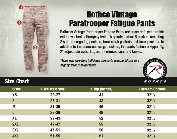 Vintage Accent Paratrooper Fatigues Size Chart