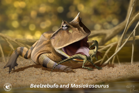 Beelzebufo and Masiakasaurus fighting in Madagascar