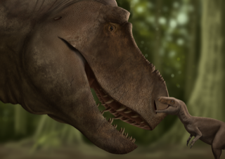 Tyrannosaurus rex Trex theropod dinosaur with child Gustavo Monroy