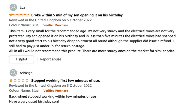 Online one-star reviews of electric kids' scooters