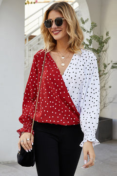 Polka Dot Color Block Surplice Blouse