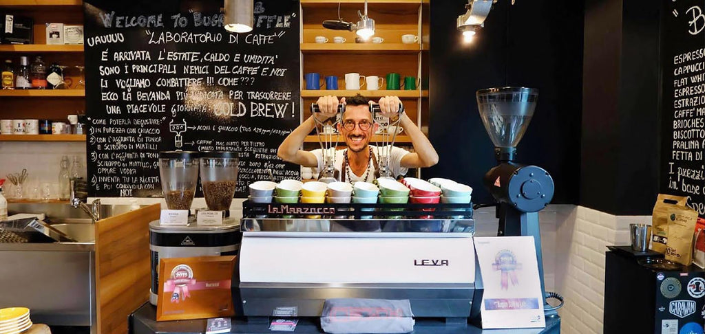 Maurizio Valli with a Marzocco Leva in his Coffee Lab in Bergamo