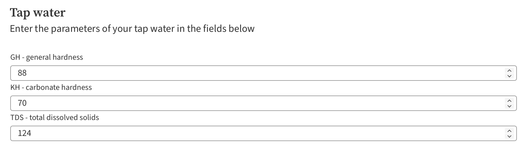 Tap water parameters