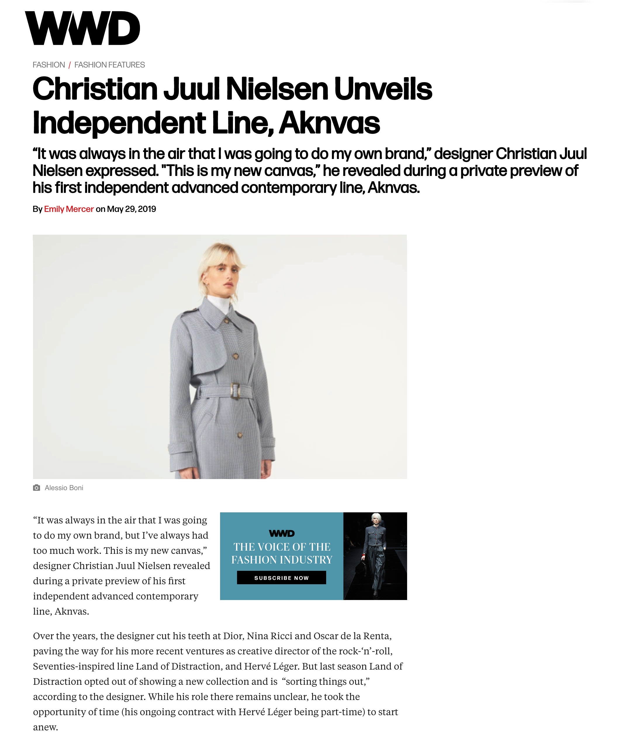 WWD, "Christian Juul Nielsen Unveils Independent Line, Aknvas" by Emily Mercer