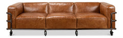 Brown Leather Industrial Iron Pipe Sofa