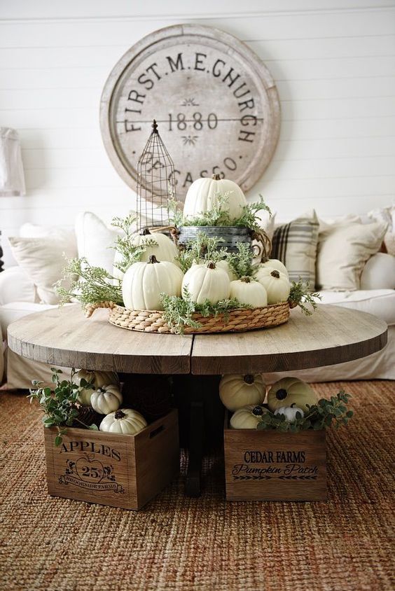 Neutral rustic fall decor- fall in the living room. Great coffee table fall decor.: 
