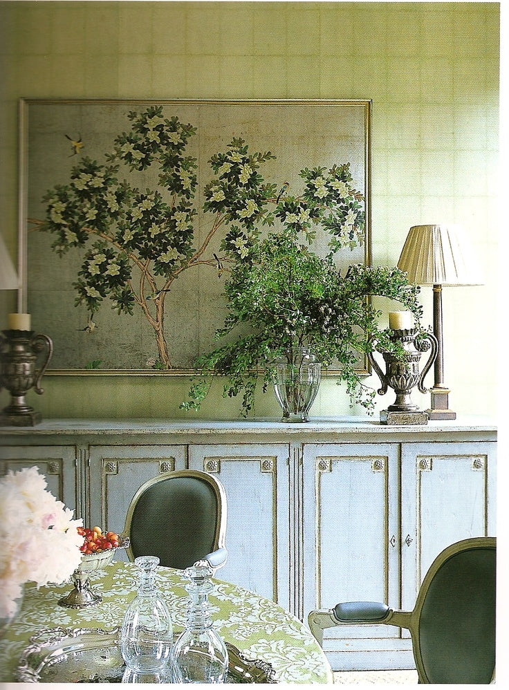 serene and elegant dining, powder blue elongated console/buffet: 