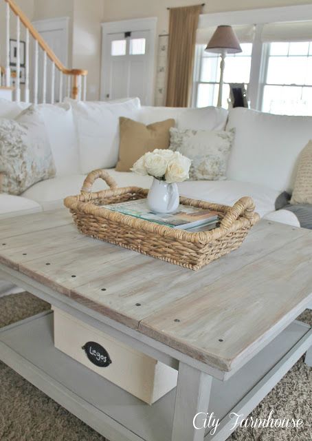 square wood plank cottage coffee table with lower shelf