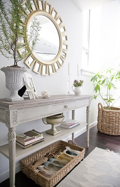 Entryway solution. Sunburst mirror just like mine. Narrow white/gray washed entry table. Clean. Chalk paint look.