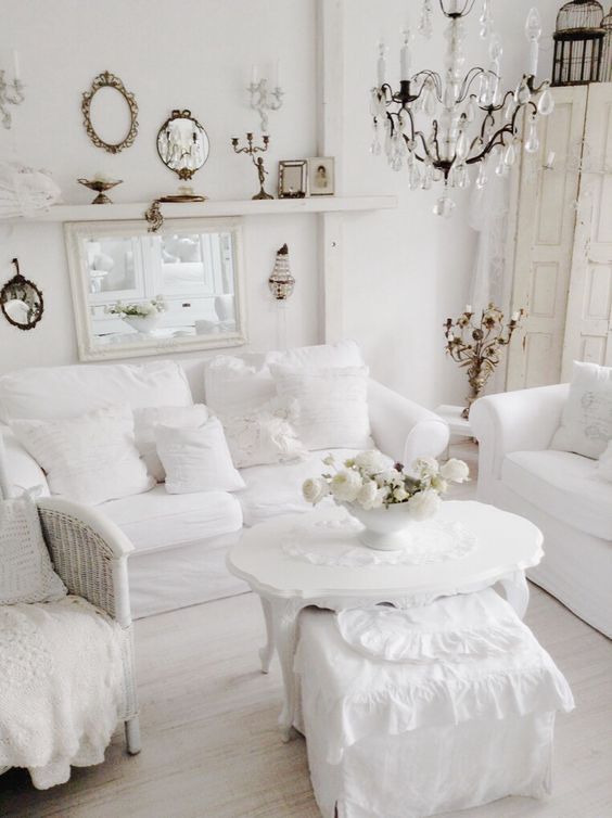 white shabby chic living room with vintage decor