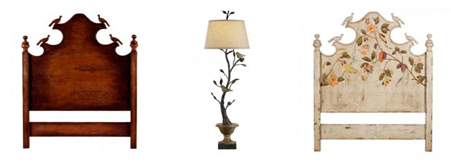 bird motif lamp and carved birds headboards from Belle Escape