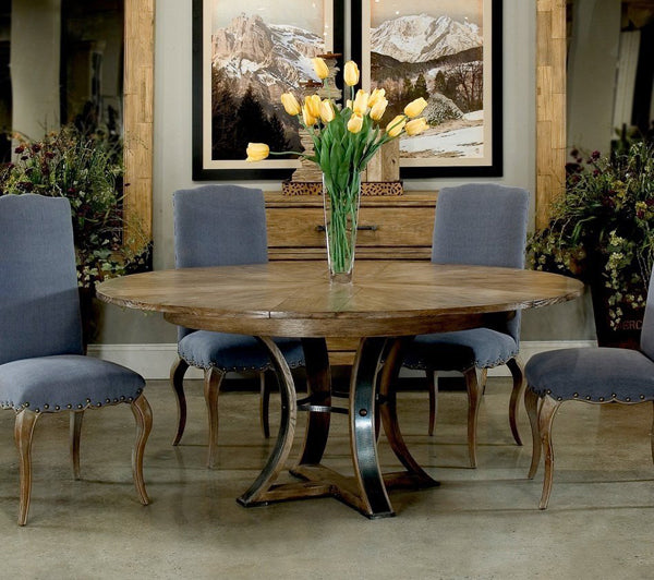 French Country Dining Room with round jupe table