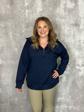 Half Zip Varsity Collar Sweatshirt - Navy