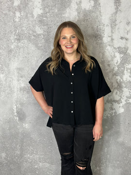 Short Sleeve Button Up 3/4 Sleeve Blouse - Black (Small - 3X)