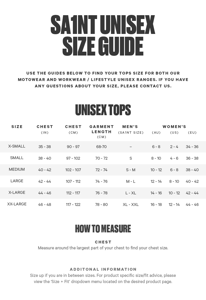 Unisex Size Chart - Tops