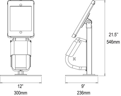 X iPad Desk Stand with Integrated Brother Label Printer Dimension Drawing