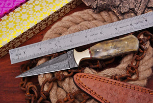 Custom Hand Forged Damascus steel Hunting Knife dagger Boot Knife Brass Bolster Bone Handle -AJ-1762