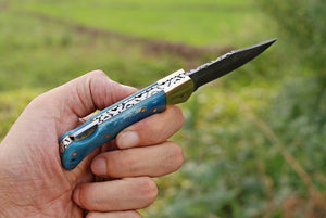 Customs Hand Forged Damascus Steel Folding Knife With Brass Bolster & Colored bone Handle AJ 2048