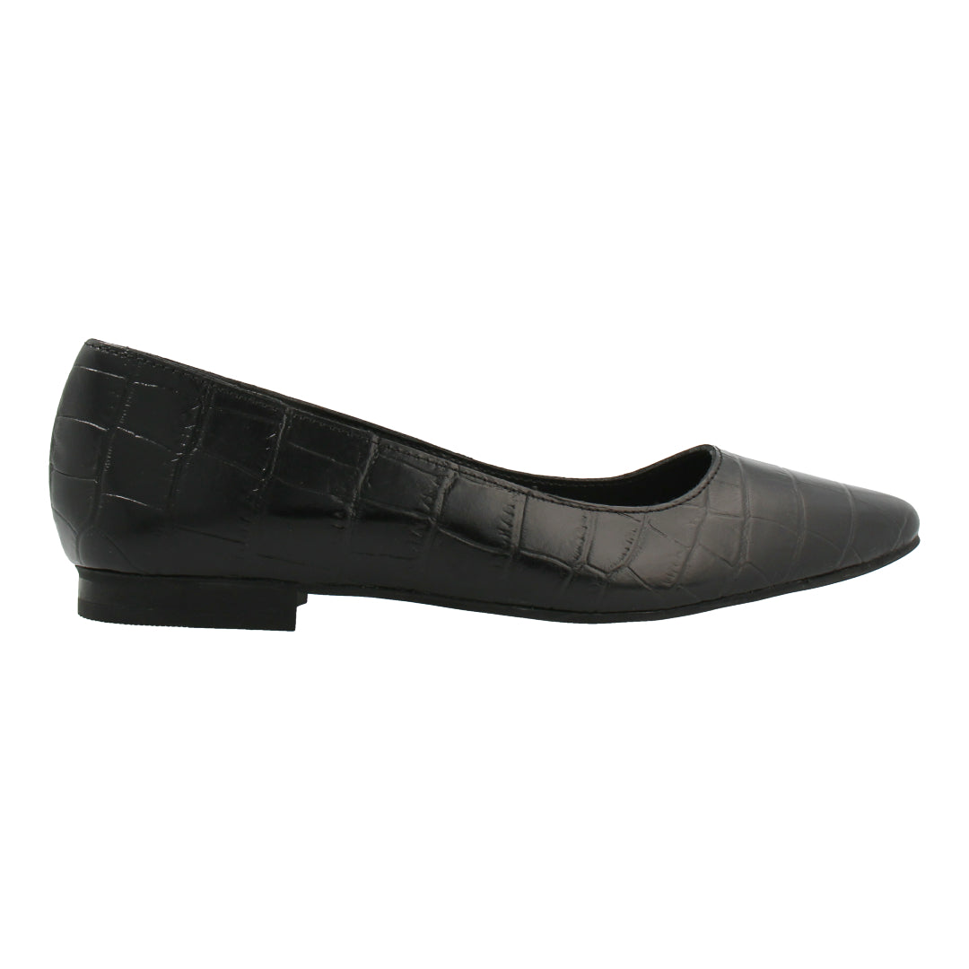 Croco-embossed Leather Flats (Black 