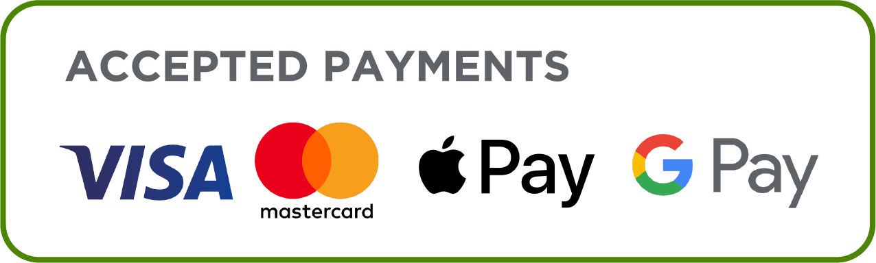 We accept the following payment methods; Visa, Mastercard, Apple Pay, G Pay