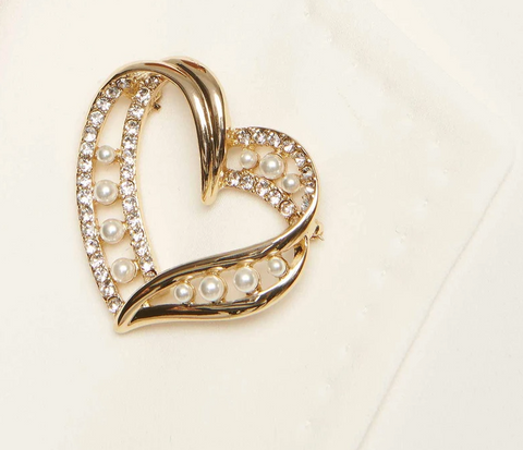 Anne Klein Pearl and Crystal Accent Heart Brooch