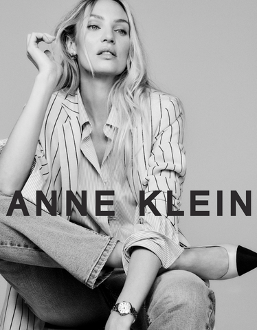 Image of Candice Swanepoel wearing Anne Klein 2023 spring campaign apparel with copy "anne klein" towards the bottom 