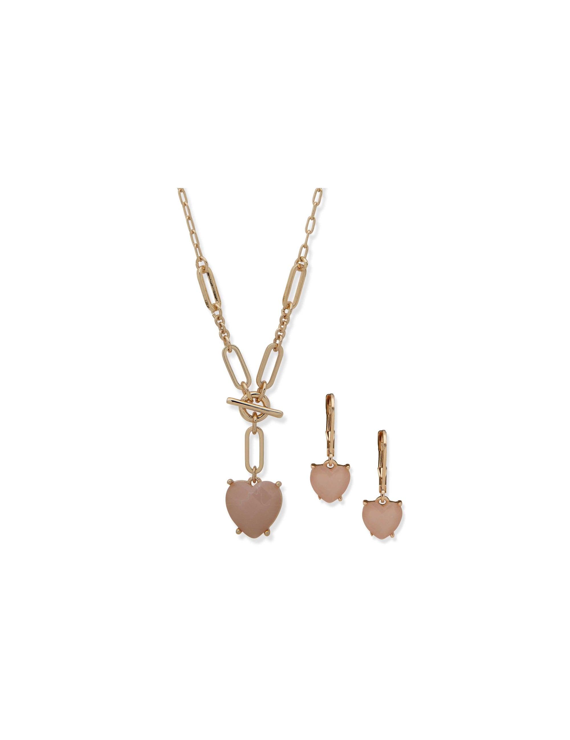 Anne Klein Gold-Tone Rose Quartz Heart Necklace and Earring Set