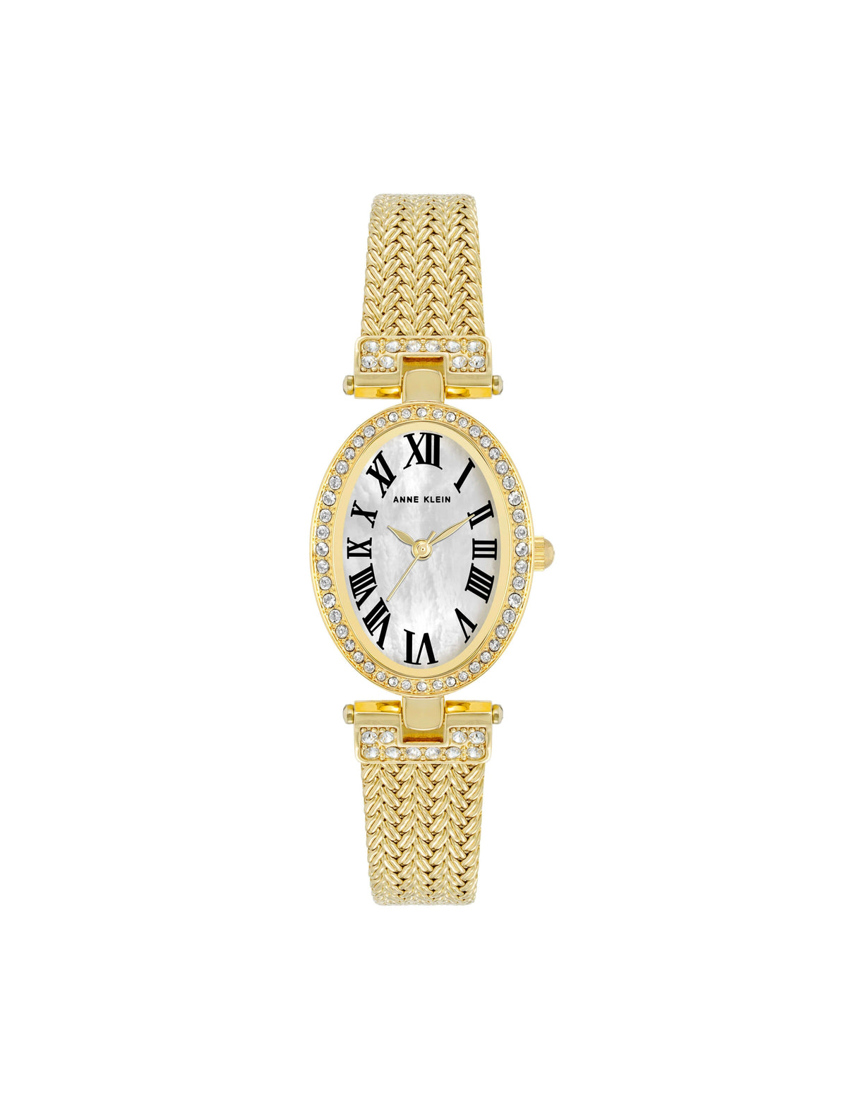 Anne Klein Gold-Tone Oval Crystal Accented Mesh Bracelet Watch