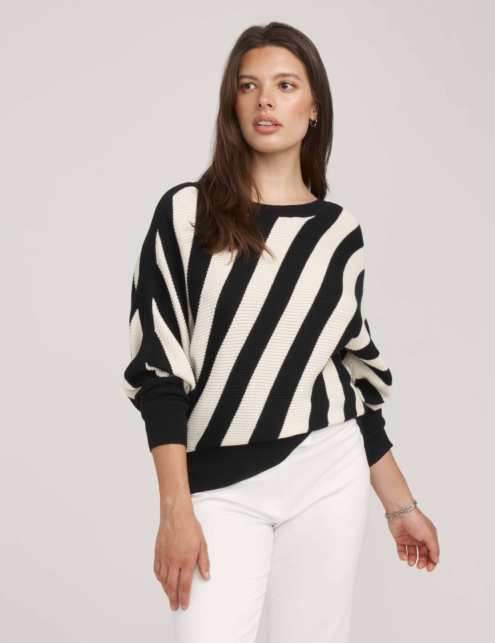 Anne Klein Anne Black/ Anne White Diagonal Stripe Dolman Sleeve Crew Neck