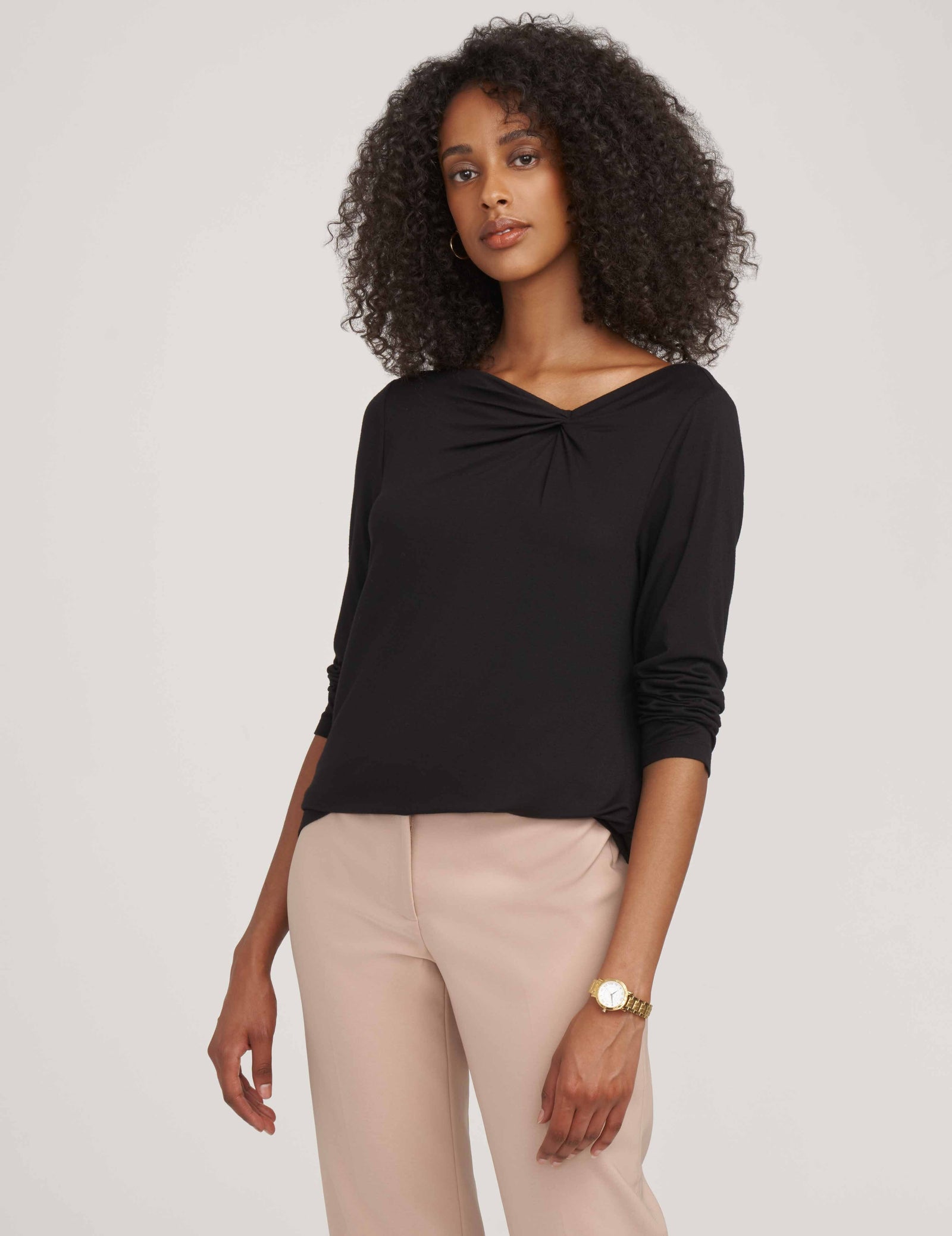 Anne Klein Anne Black Long Sleeve Asymmetric Twist Neck Top