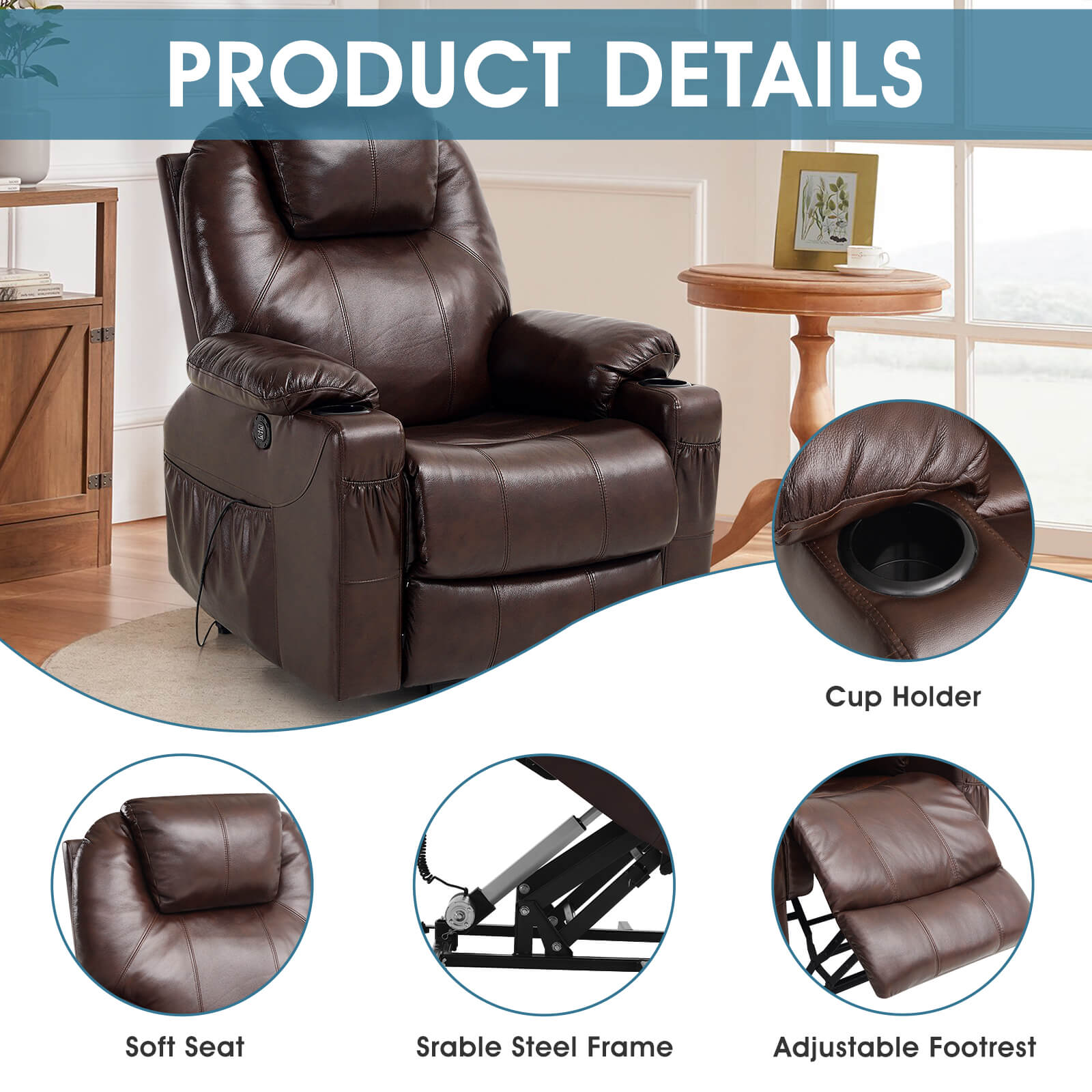 RESTREAL Leather Power Lift Recliner Chair with Heat & Massage