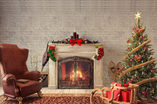 Christmas Tree Fireplace Stockings Backdrop for Photography LV-986