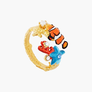 Coral, Clownfish and blue Starfish adjustable ring