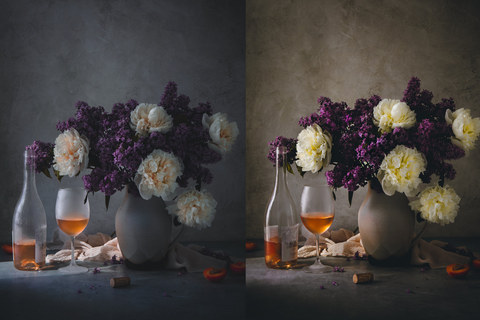 Still life photo of wine and flowers