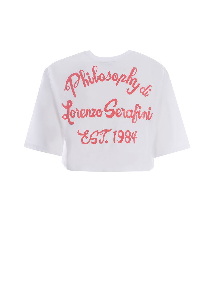 Shop Philosophy Di Lorenzo Serafini White Crop T-shirt With Front And Rear Logo Print In Cotton Woman