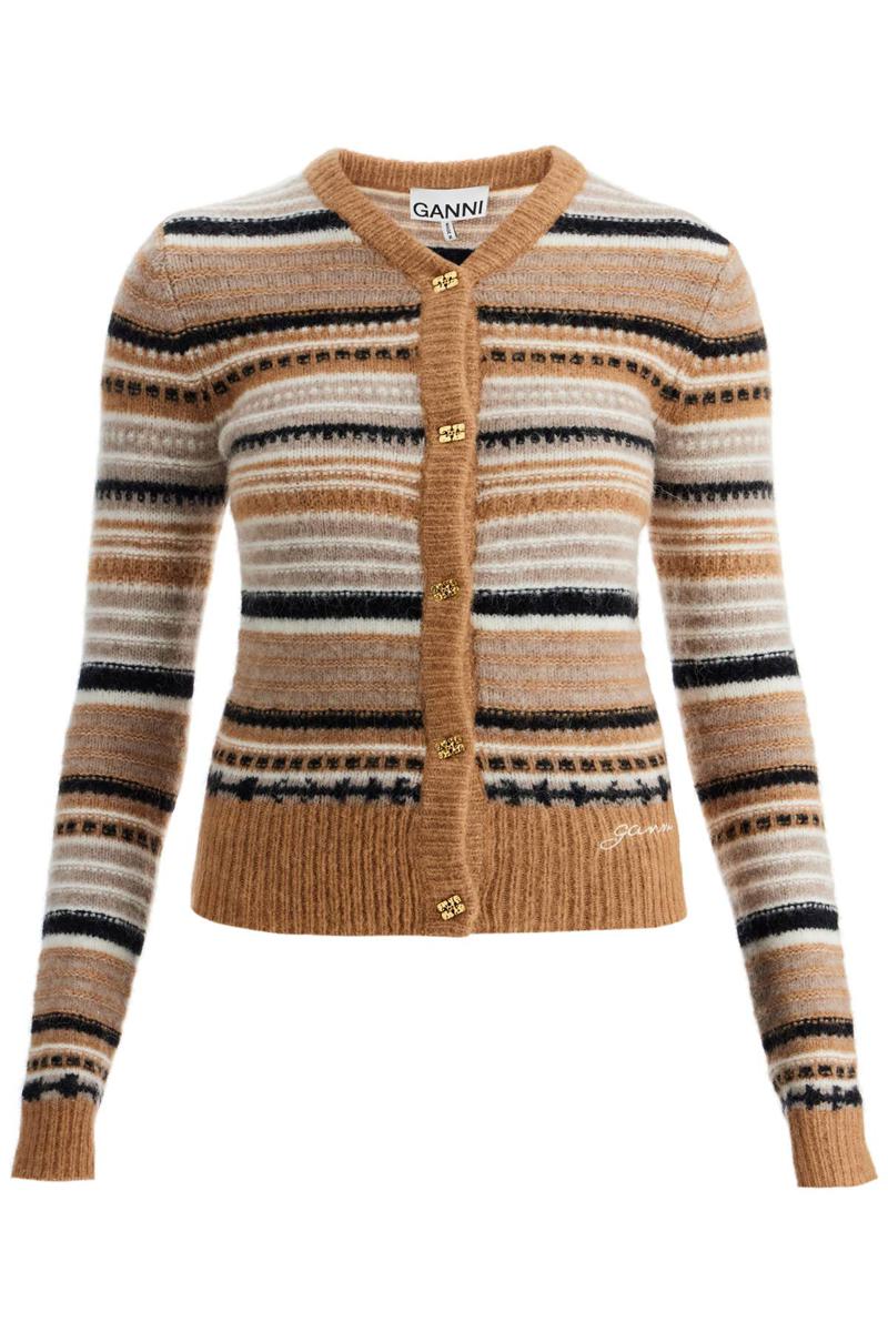 Shop Ganni Soft Striped Cardigan With Fluffy In Beige