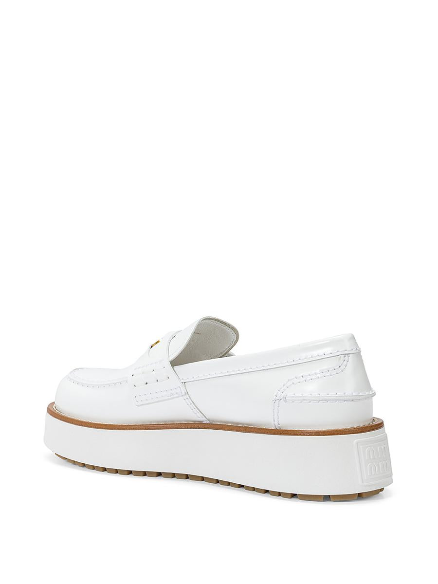 Shop Miu Miu Calf Leather Loafers With Front Plaque In White