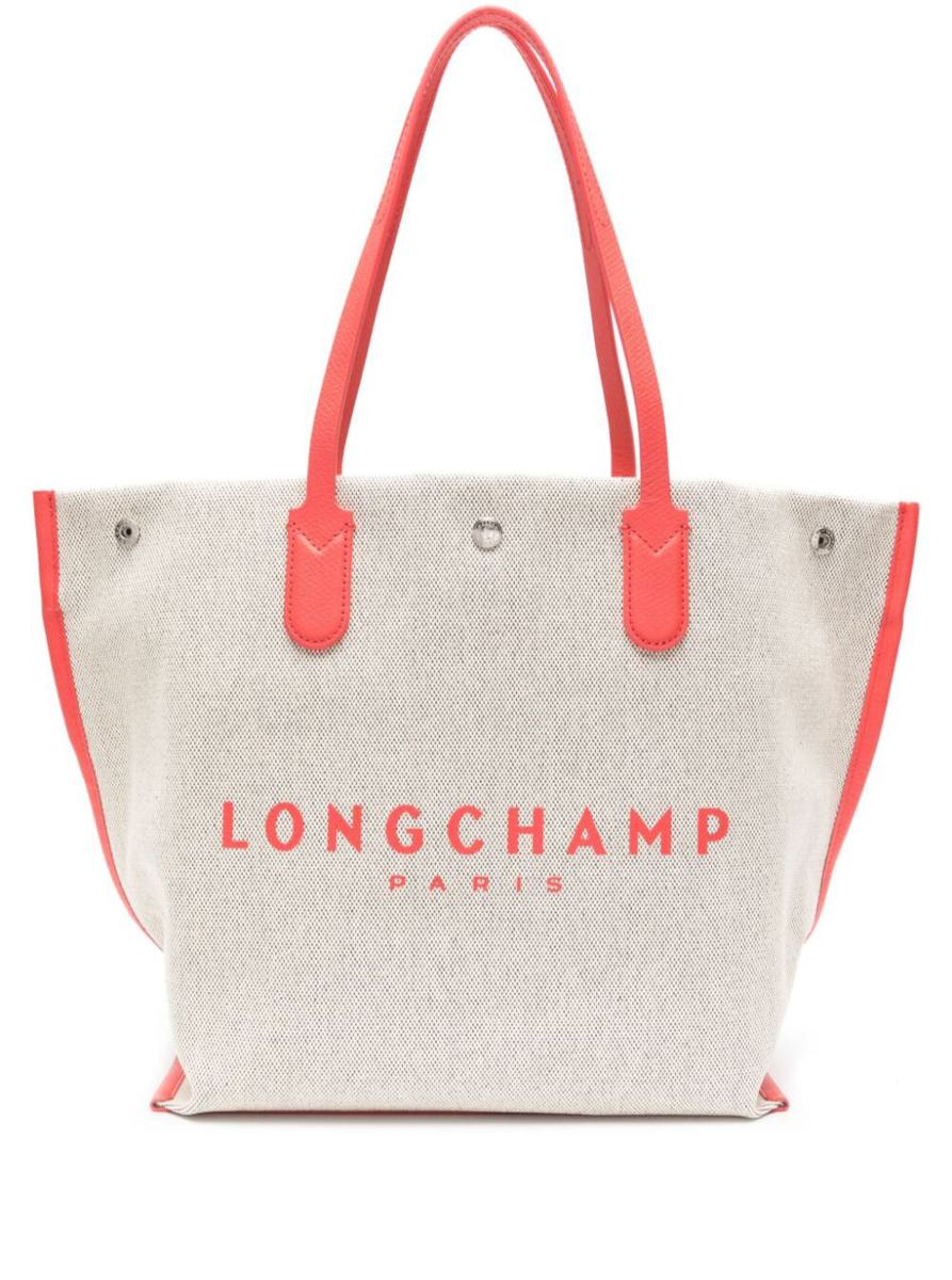 Shop Longchamp 'roseau' Beige Tote Bag With Logo Print In Cotton Canvas Woman