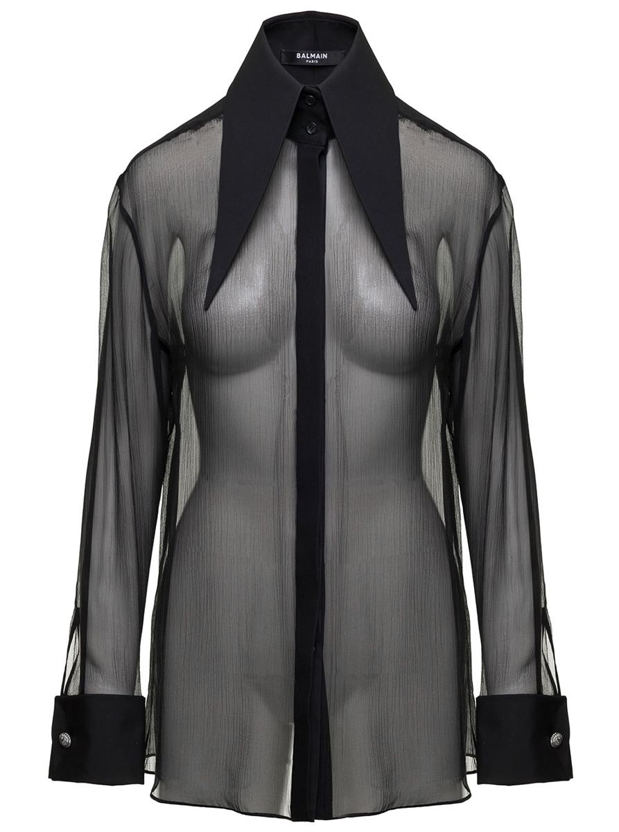 Shop Balmain Black Shirt With Oversized Pointed Collar In Silk Woman