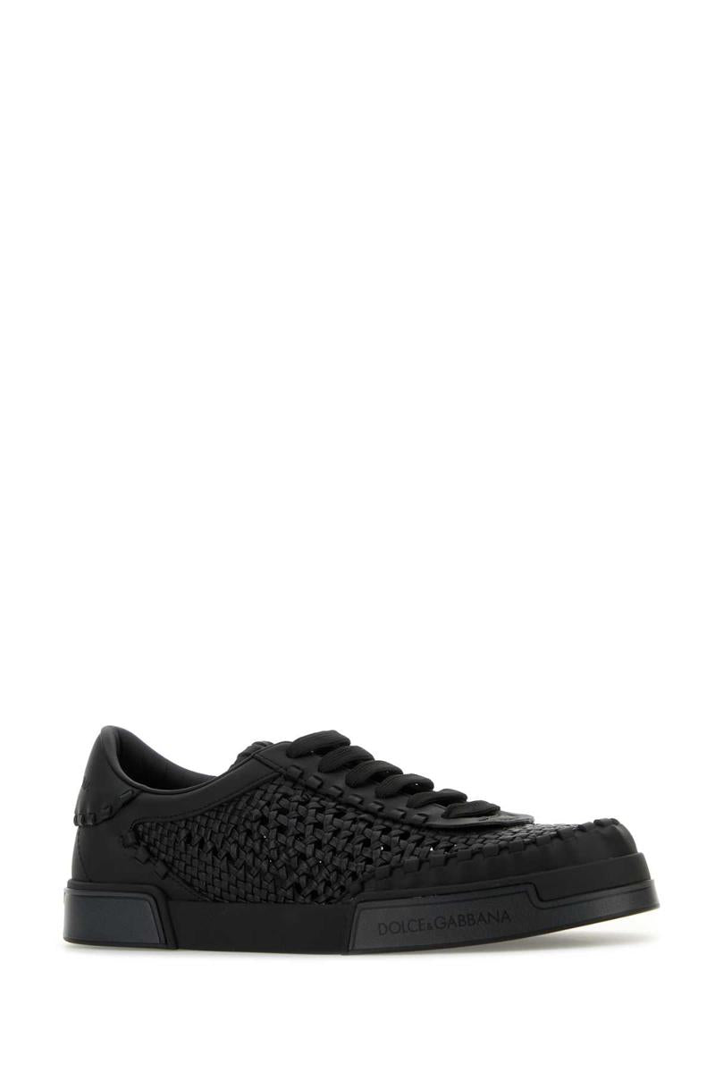 Dolce & Gabbana Round Toe Leather Low Top Sneakers In Black