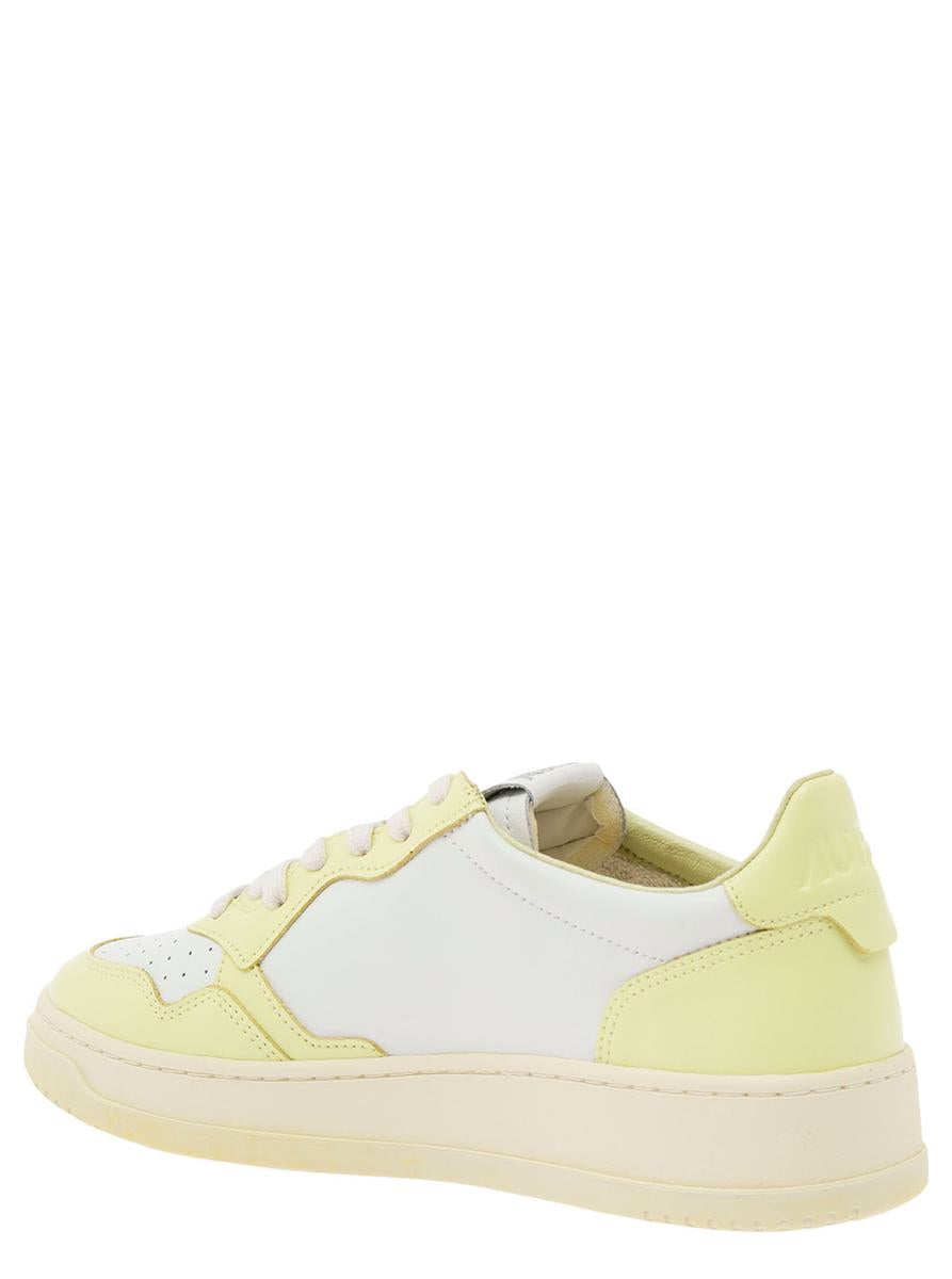 Shop Autry 'medalist' White And Yellow Low Top Sneakers With Logo Detail In Leather Man