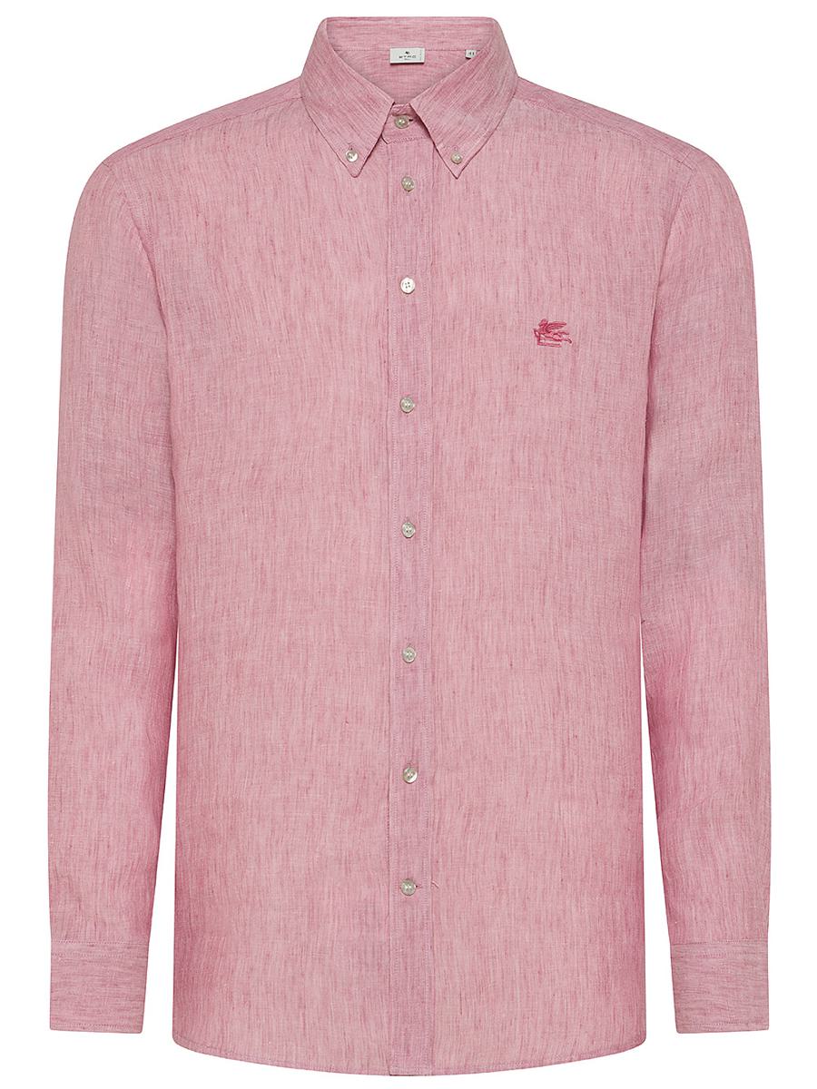 Shop Etro Linen Shirt With Embroidered Logo On The Chest In Pink
