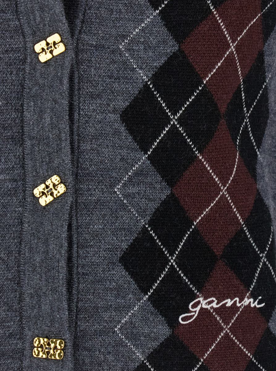 Ganni Grey Cropped Cardigan Wih V Neck And Checkmotif On The Front In Wool Woman In Gray