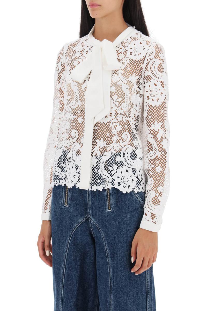 Shop Self-portrait Floral Lace Shirt With Lavallière Tie In Bianco