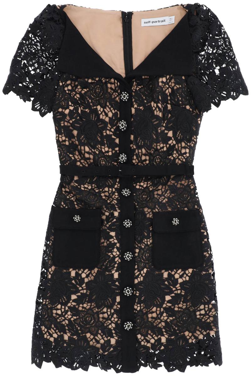 Shop Self-portrait Lace Mini Dress With Folded Neckline In Nero