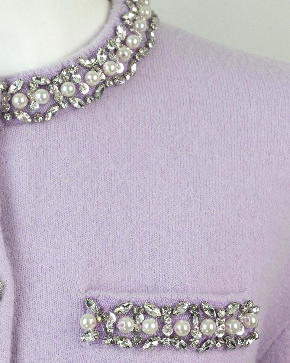 Self-portrait Lilac Crystal Trim Knit Cardigan In Purple