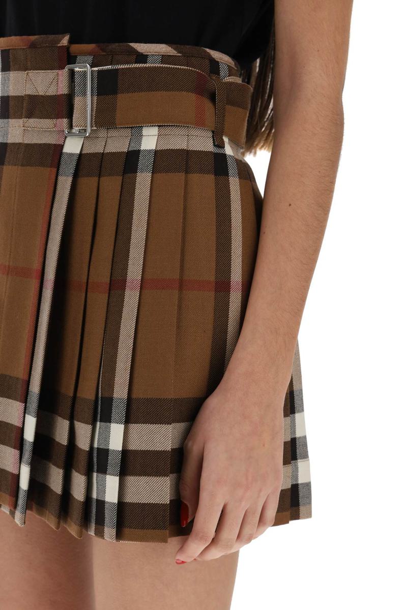 Shop Burberry Exaggerated Check Pleated Wool Mini Skirt In Marrone